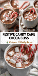 Two cups of hot cocoa with marshmallows and candy canes served as Christmas hot chocolate.